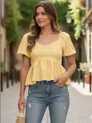 Neck Puff Sleeve Cotton Peplum Top - Product Details